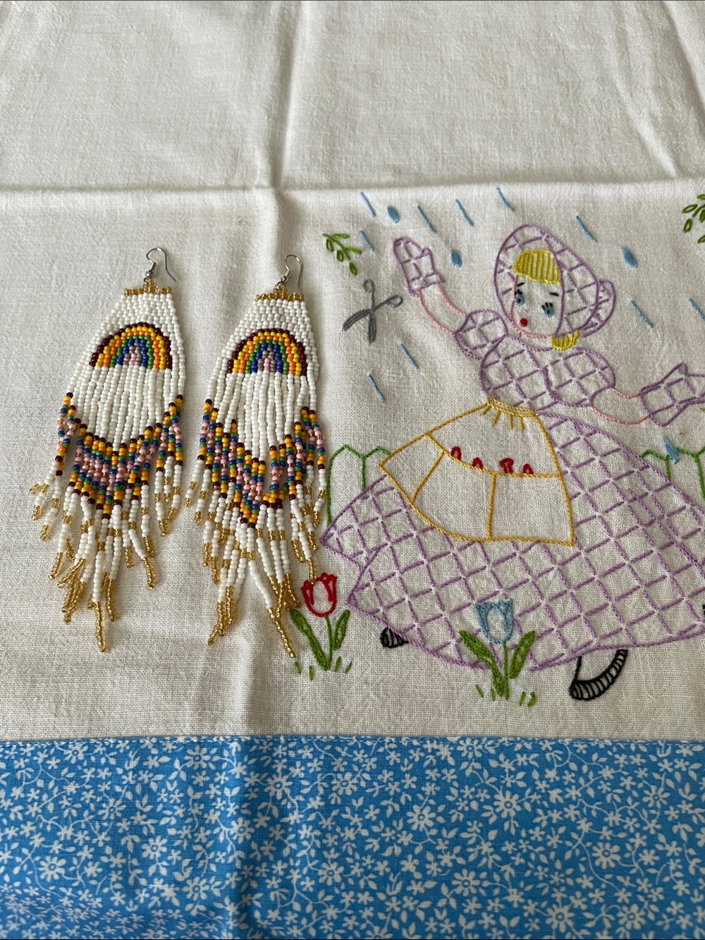 Handmade New  Beaded Fringe Earrings Rainbow Motif - White & Multicolor Dangle